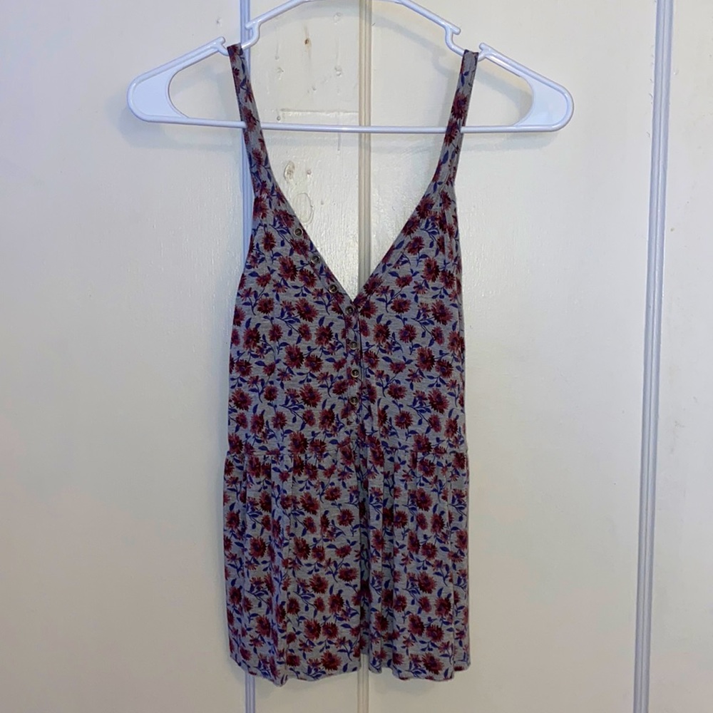 gray peplum tank top with maroon floral detail